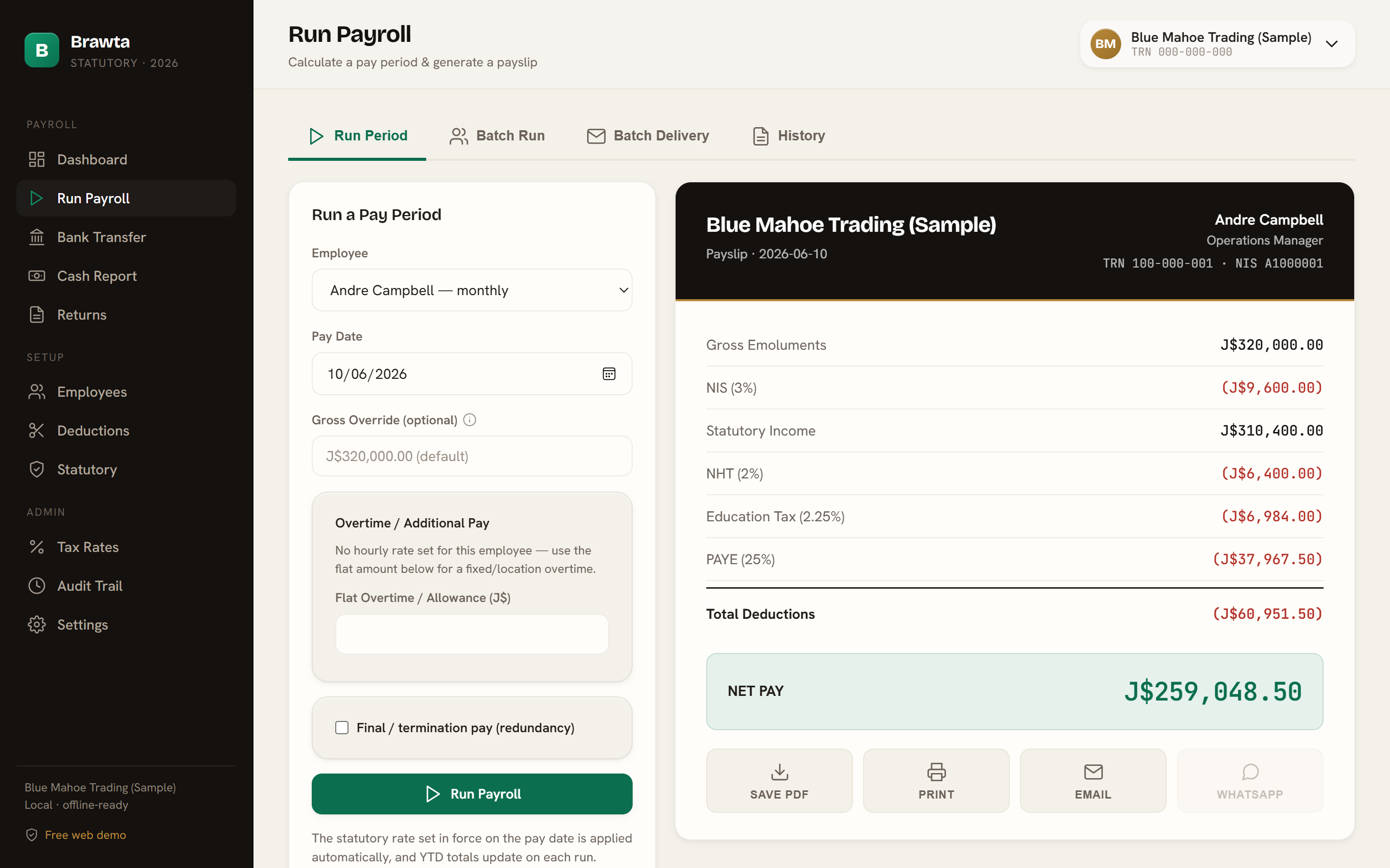 Running a pay period in Brawta — a finished payslip with PAYE, NIS, NHT and Education Tax